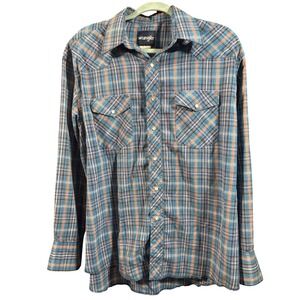 Vintage inspired Wrangler Blue Plaid Western Pearl Snap Shirt size L